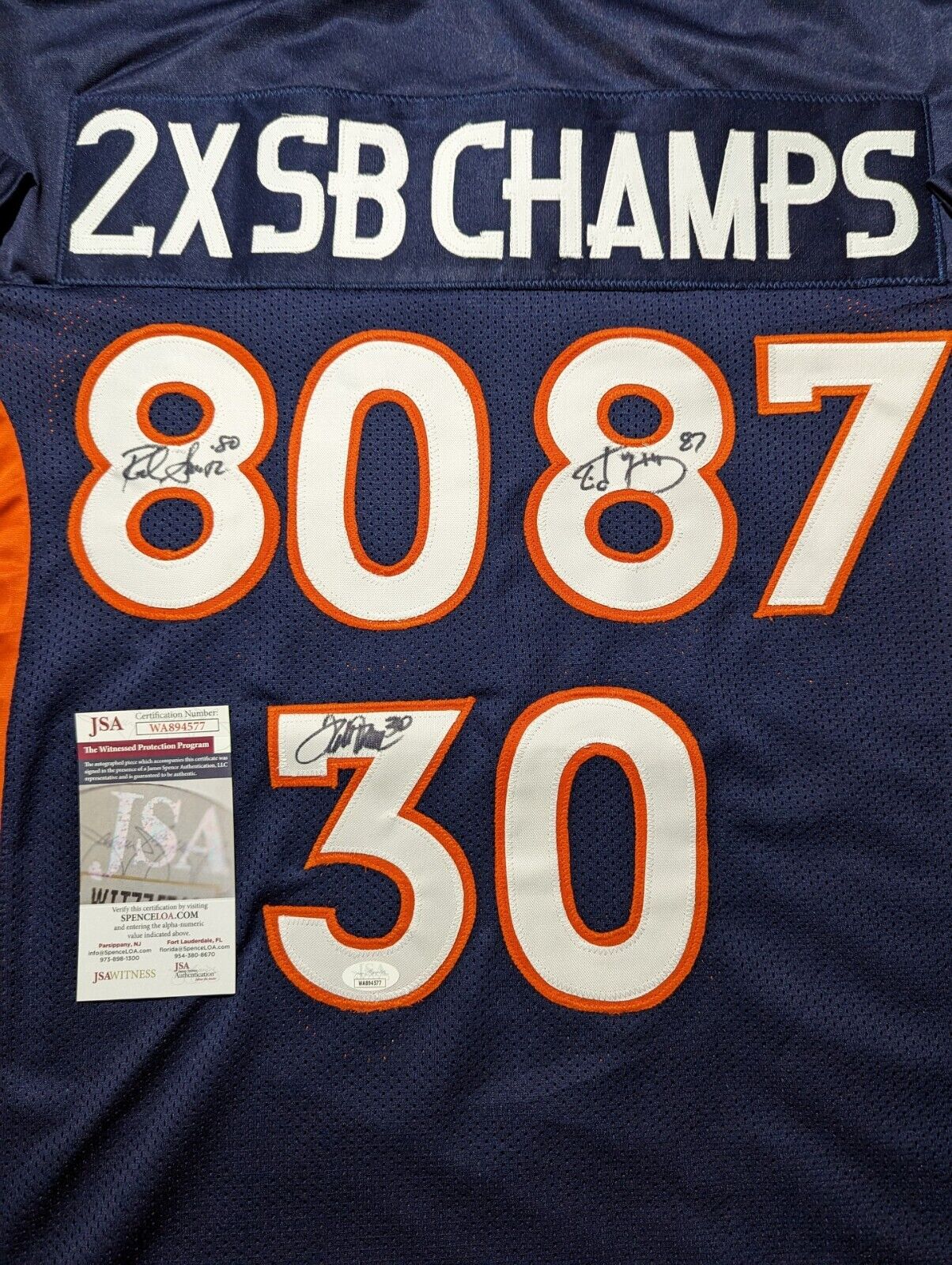MVP Authentics Denver Broncos "2X Sb Champs" 3X Autographed Davis, Mccaffrey, Smith Jersey Jsa 495 sports jersey framing , jersey framing