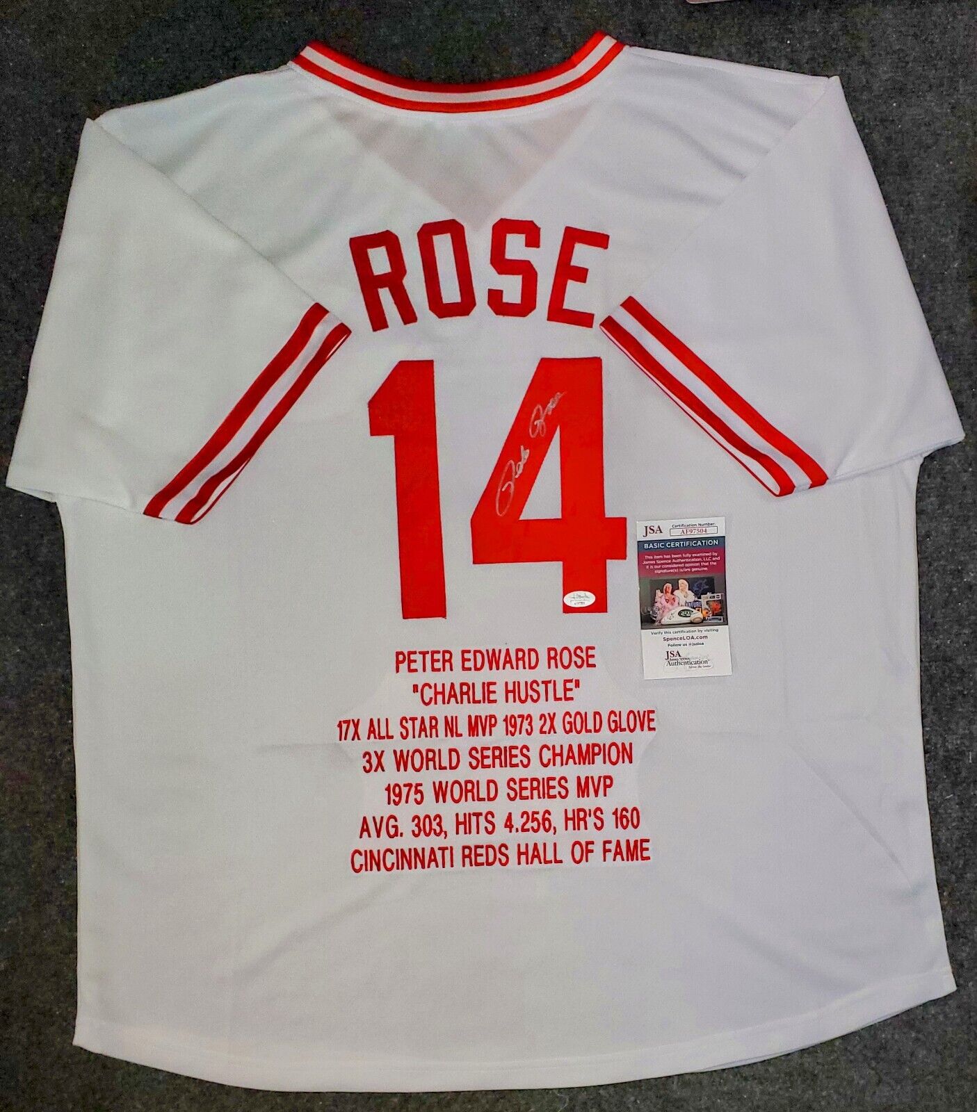MVP Authentics Cincinnati Reds Pete Rose Autographed Signed Custom Stat Jersey Jsa Coa 148.50 sports jersey framing , jersey framing