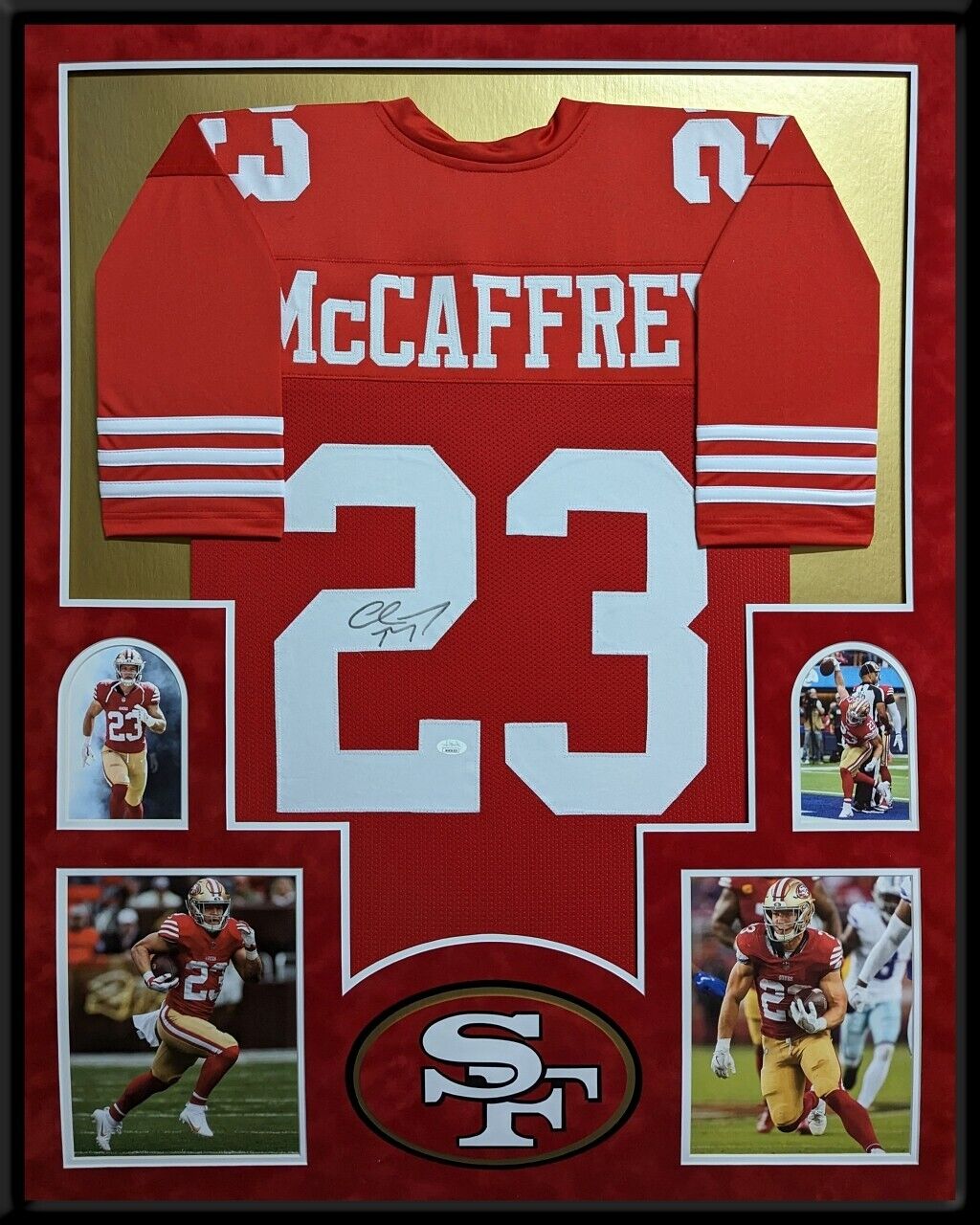 MVP Authentics Framed In Suede San Francisco 49Ers Christian Mccaffrey Signed Jersey Jsa Coa 900 sports jersey framing , jersey framing