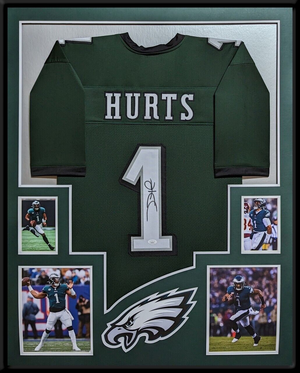 MVP Authentics Framed Philadelphia Eagles Jalen Hurts Autographed Signed #1 Jersey Jsa Coa 540 sports jersey framing , jersey framing