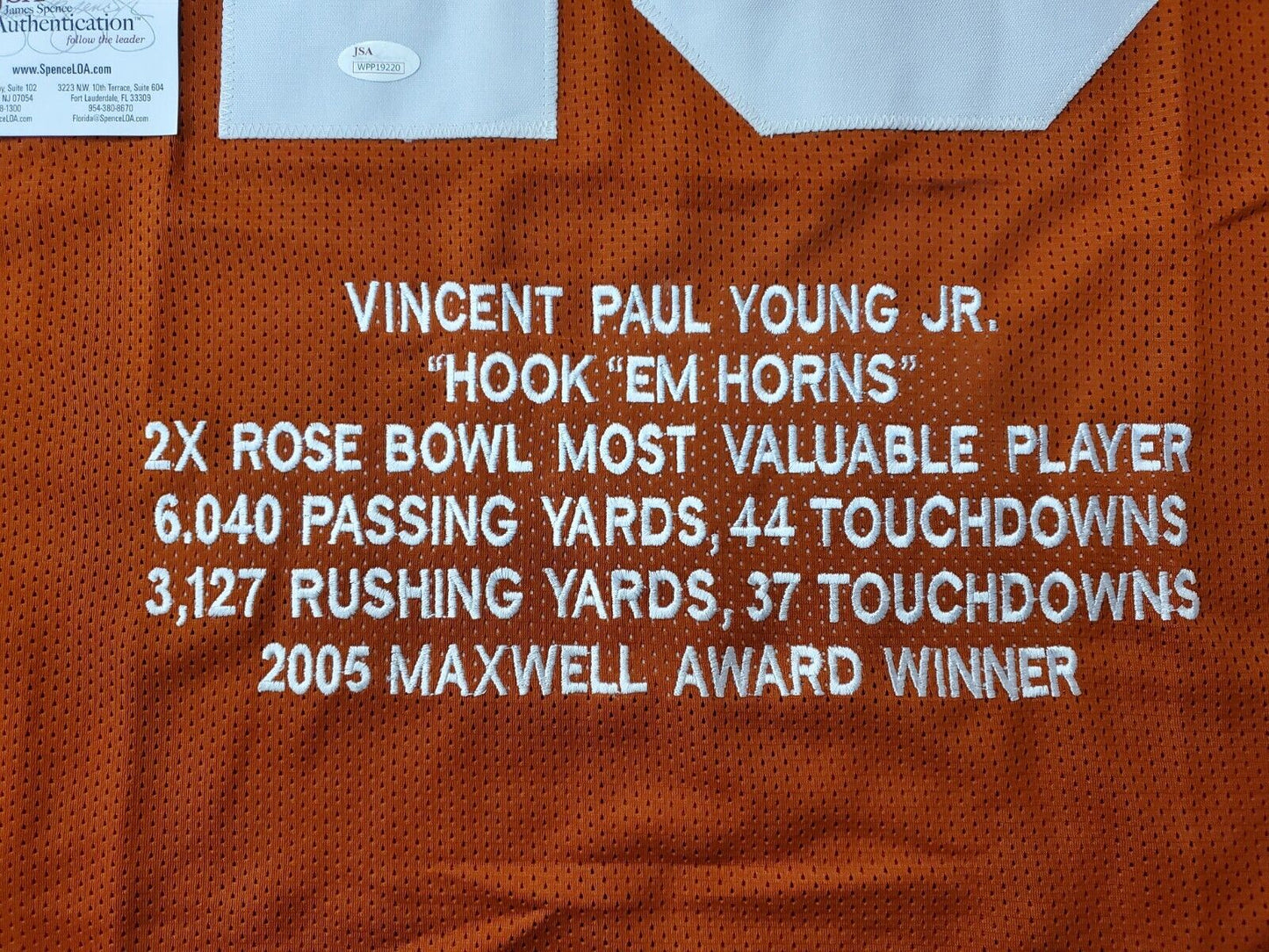 MVP Authentics Texas Longhorns Vince Young Signed Autographed Stat Jersey Jsa Coa 121.50 sports jersey framing , jersey framing