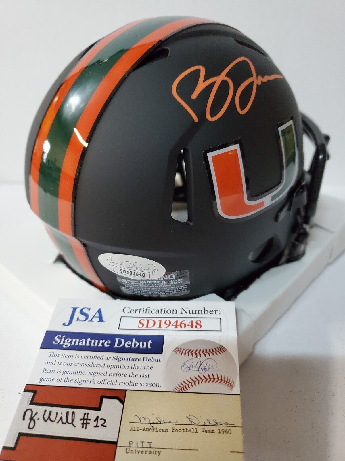 MVP Authentics Miami Hurricanes Brevin Jordan Autographed Signed Mini Helmet Jsa Coa 103.50 sports jersey framing , jersey framing