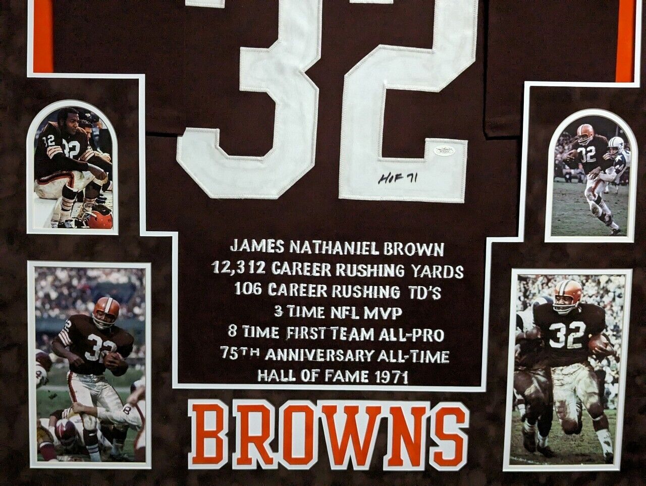 MVP Authentics Suede Framed Cleveland Browns Jim Brown Autographed Inscribed Stat Jersey Jsa 2025 sports jersey framing , jersey framing