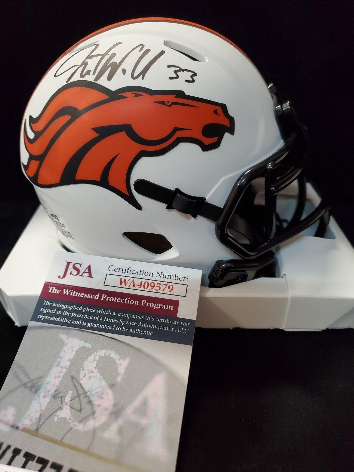 MVP Authentics Denver Broncos Javonte Williams Signed Lunar Mini Helmet Jsa Coa 117 sports jersey framing , jersey framing