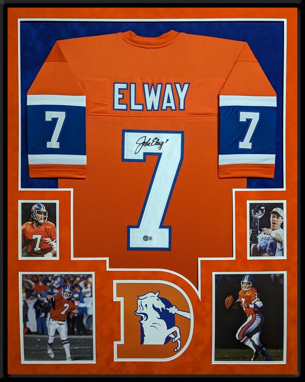 MVP Authentics Framed In Suede Denver Broncos John Elway Autographed Signed Jersey Beckett Holo 1125 sports jersey framing , jersey framing