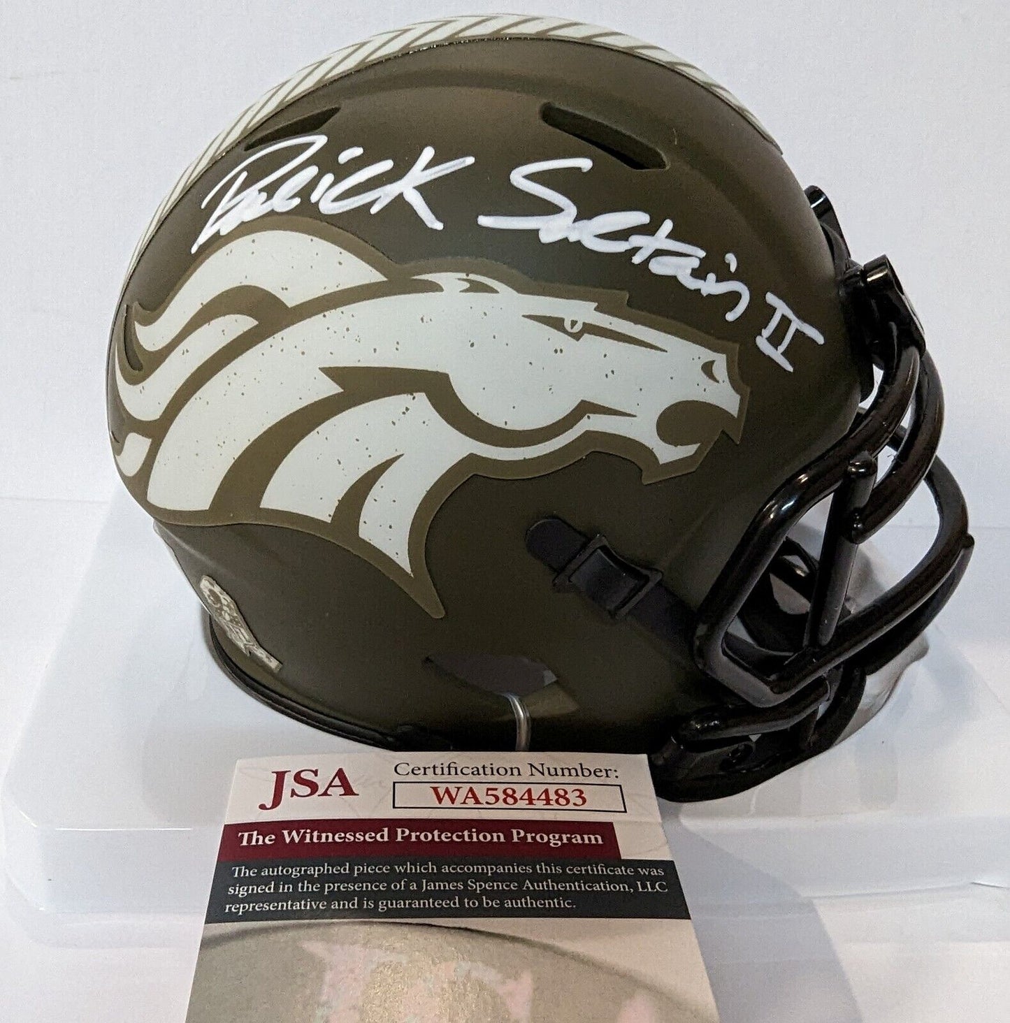 MVP Authentics Denver Broncos Pat Surtain Ii Autographed Salute To Service Mini Helmet Jsa Coa 144 sports jersey framing , jersey framing