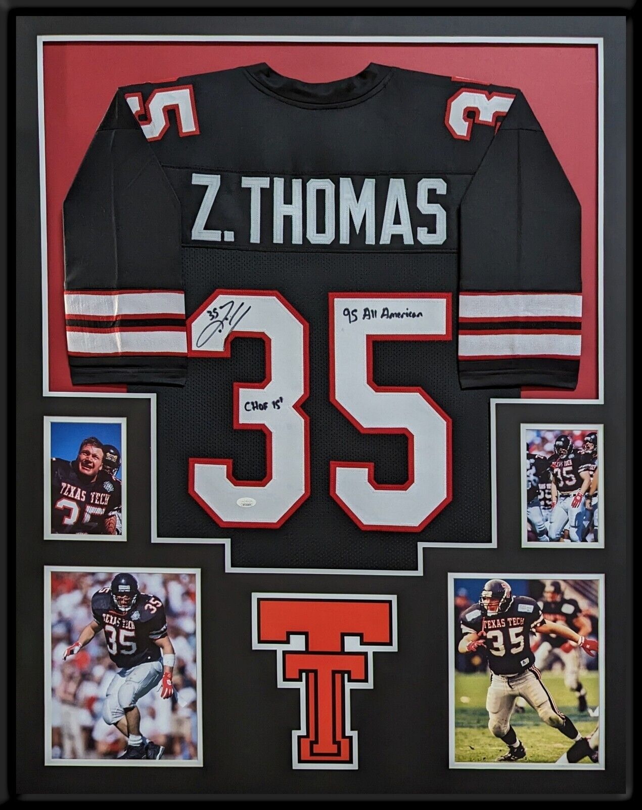 MVP Authentics Framed Texas Tech Red Raiders Zach Thomas Autographed Inscribed Jersey Jsa 540 sports jersey framing , jersey framing