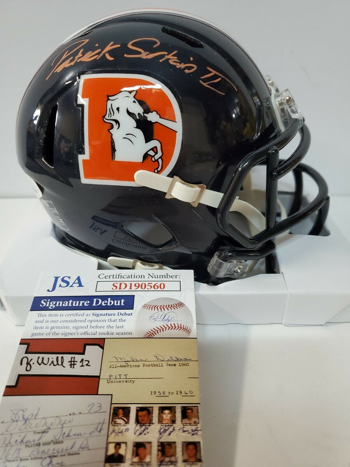 MVP Authentics Denver Broncos Pat Surtain Ii Autographed Signed Throwback Mini Helmet Jsa Coa 134.10 sports jersey framing , jersey framing