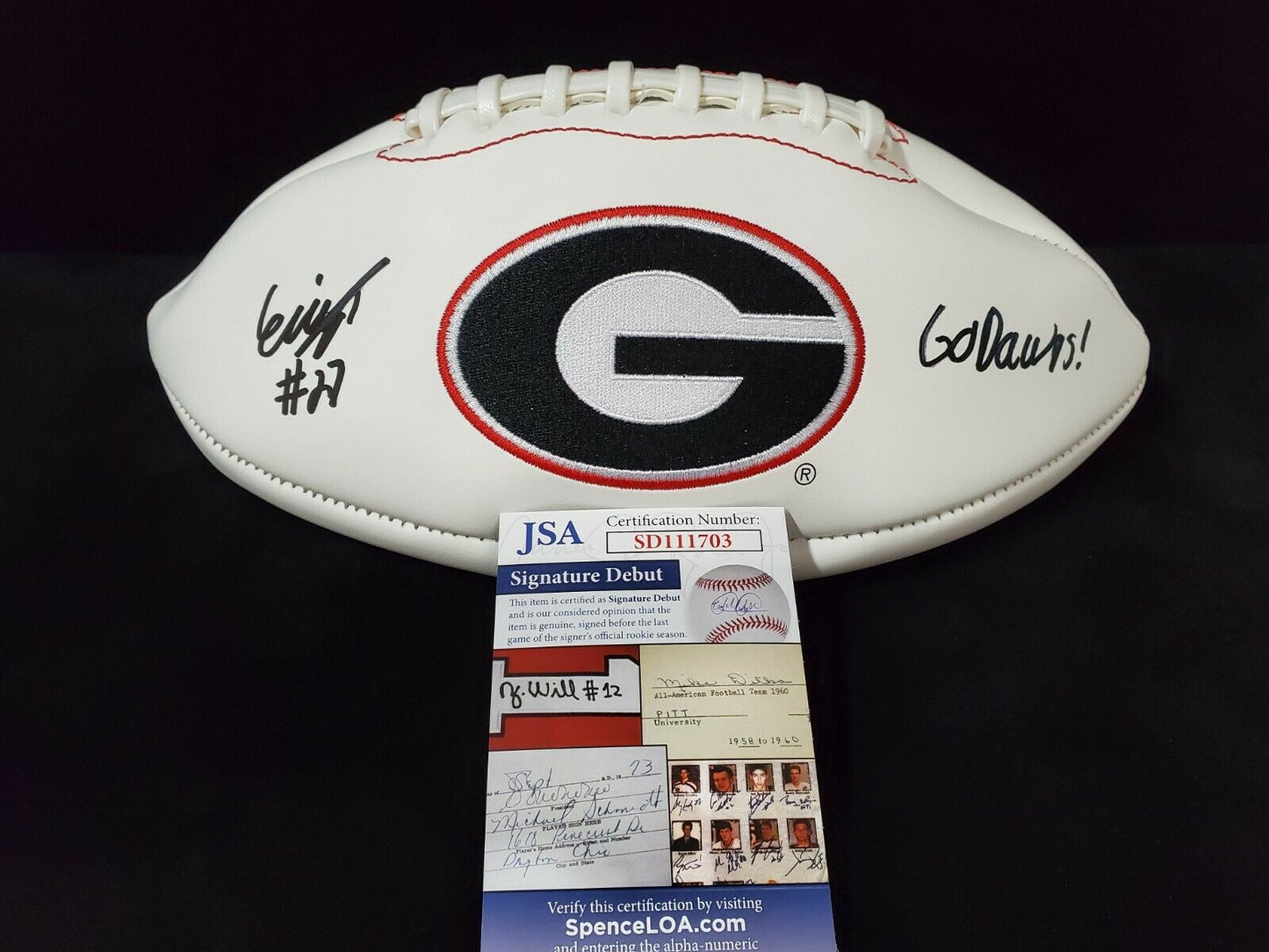 MVP Authentics Georgia Bulldogs Eric Stokes Autographed Inscribed Signed Logo Football Jsa Coa 135 sports jersey framing , jersey framing