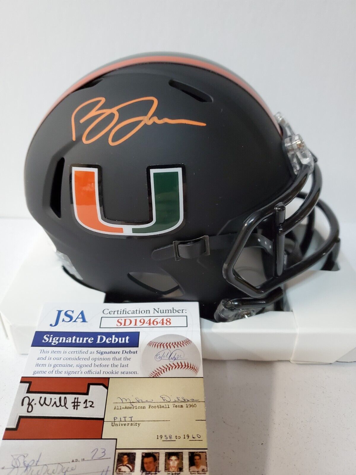 MVP Authentics Miami Hurricanes Brevin Jordan Autographed Signed Mini Helmet Jsa Coa 103.50 sports jersey framing , jersey framing