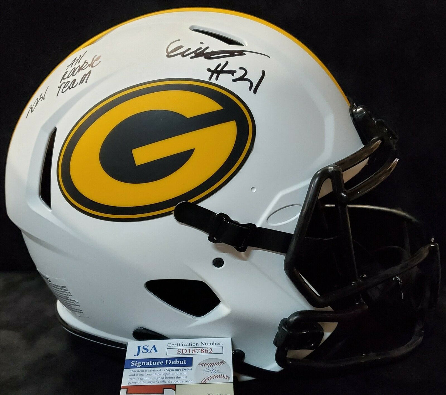 MVP Authentics Green Bay Packers Eric Stokes Signed Insc Full Size Lunar Authentic Helmet Jsa 382.50 sports jersey framing , jersey framing